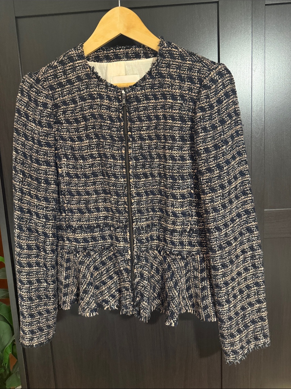 Rebecca Taylor Navy and Light Pink Tweed Peplum Zip Jacket